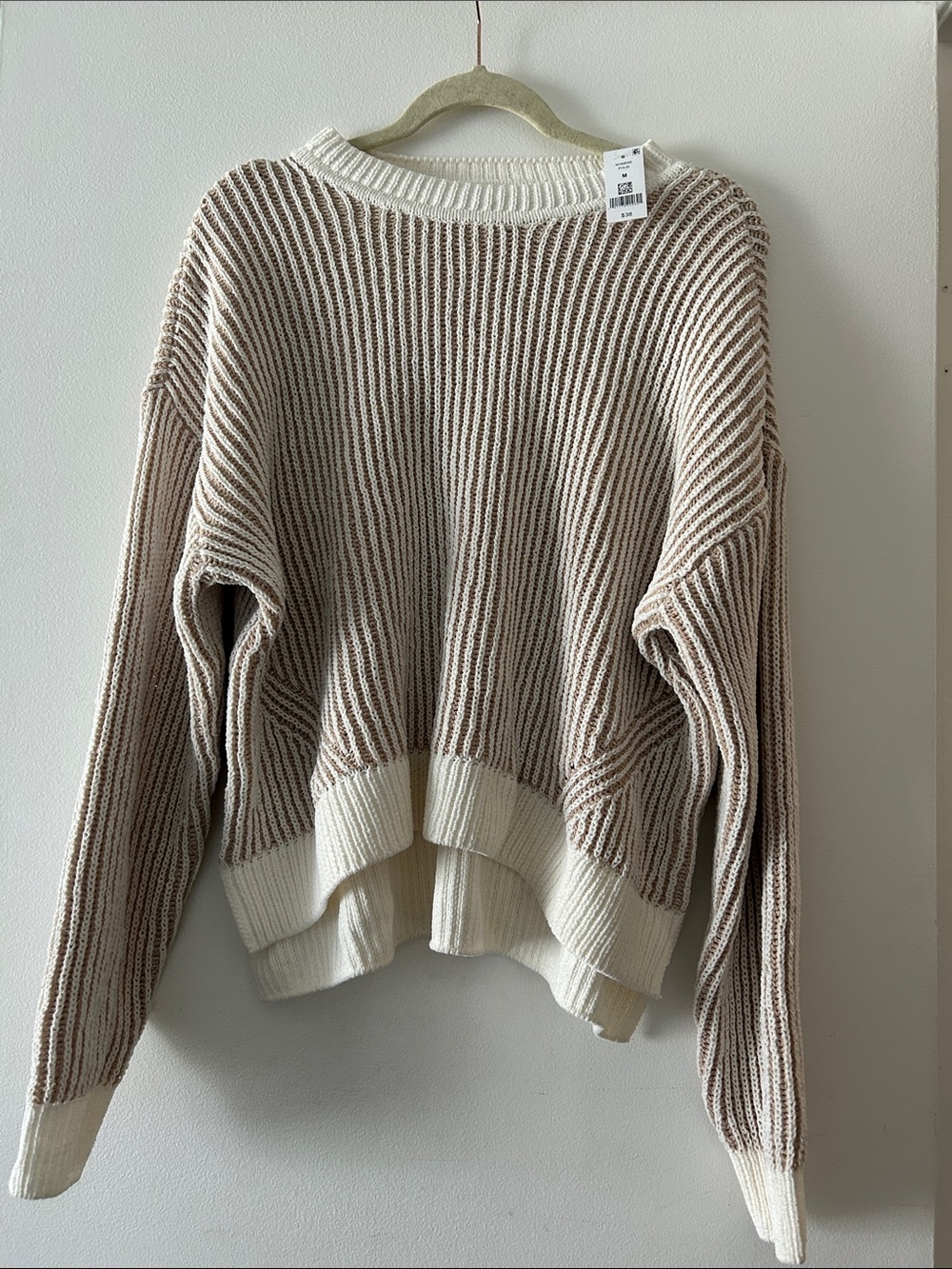 dip Two-Tone Cream and Beige Ribbed Crewneck Sweater